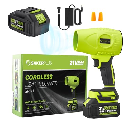 sakerplus cordless leaf blower,portable dust cleaner with 2 batteries, 21v 4.0ah electric handheld blower, 3 speed adjustable,mini lightweight leaf blower for yard, patio, garage, car (green)