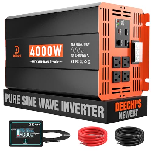 4000 watt pure sine wave inverter 12v dc to 110v/120v ac converter for rv/truck/home/off grid solar car power inverter for vehicles with 4 ac, 2 usb & 1 type c ports, hardwire kit, remote controller